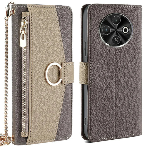 For TECNO Spark 30C 4G Case Mirror Wallet Leather Phone Cover with Chain Shoulder Strap - Grey - 1