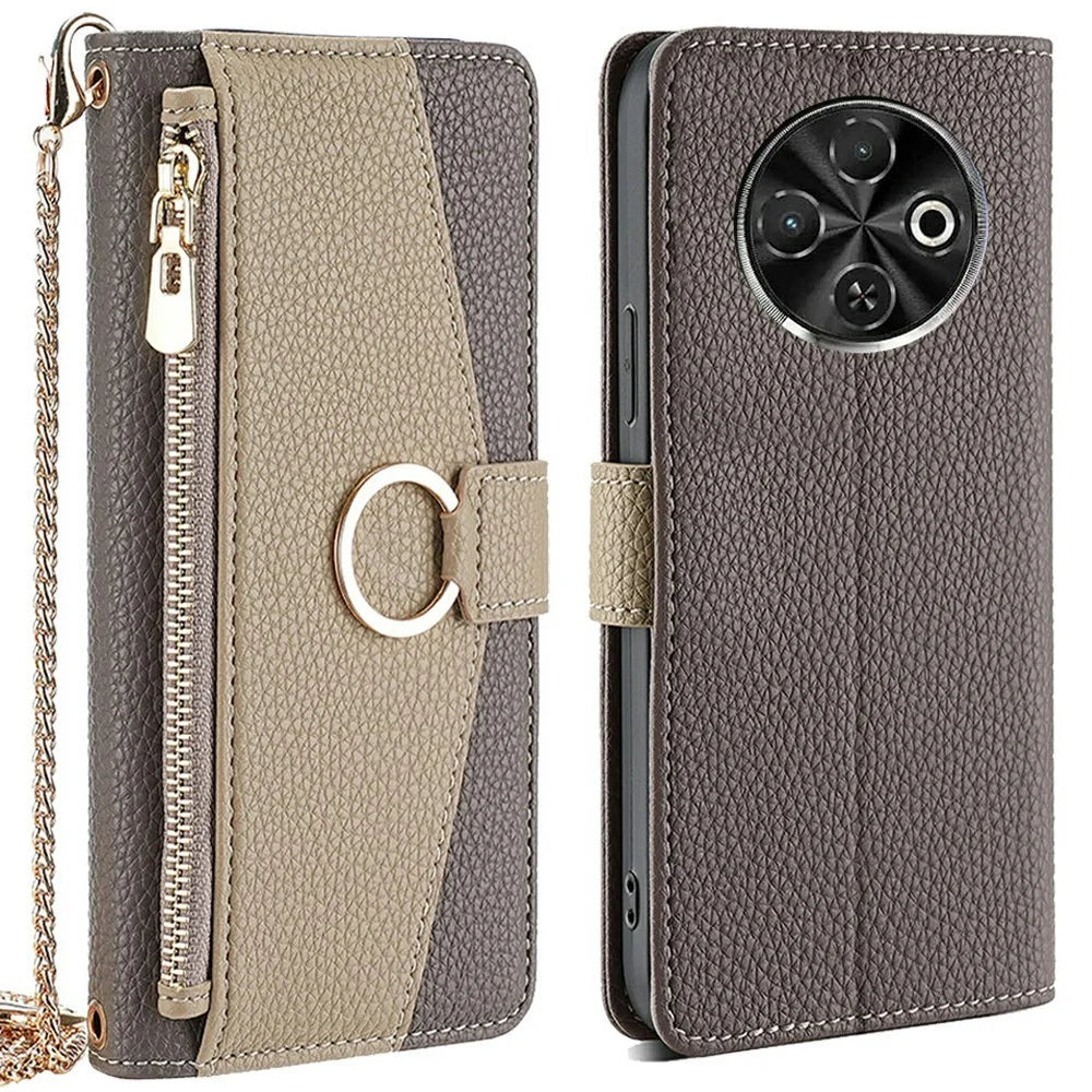 For TECNO Spark 30C 4G Case Mirror Wallet Leather Phone Cover with Chain Shoulder Strap - Grey - 1