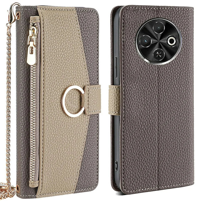 For TECNO Spark 30C 4G Case Mirror Wallet Leather Phone Cover with Chain Shoulder Strap - Grey - 1