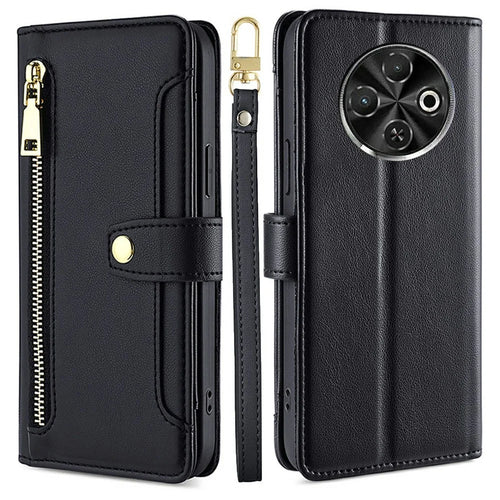 For TECNO Spark 30C 4G Leather Case Zipper Pocket Wallet Phone Cover with 2 Straps - Black - 1