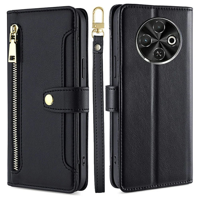 For TECNO Spark 30C 4G Leather Case Zipper Pocket Wallet Phone Cover with 2 Straps - Black - 1