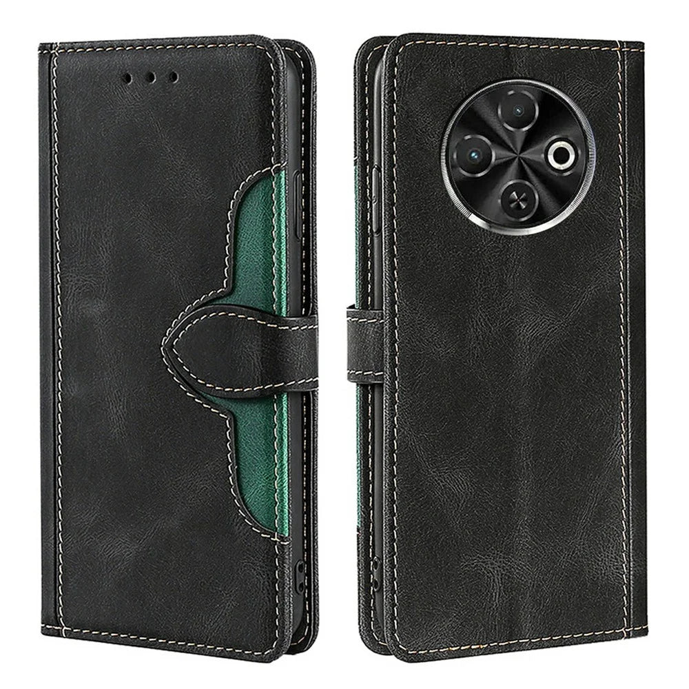 For TECNO Spark 30C 4G Case Leather Wallet Phone Cover with Straw Hat Magnetic Clasp - Black - 1