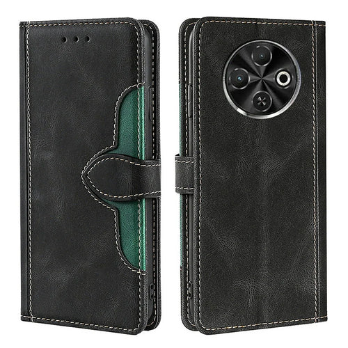 For TECNO Spark 30C 4G Case Leather Wallet Phone Cover with Straw Hat Magnetic Clasp - Black - 1