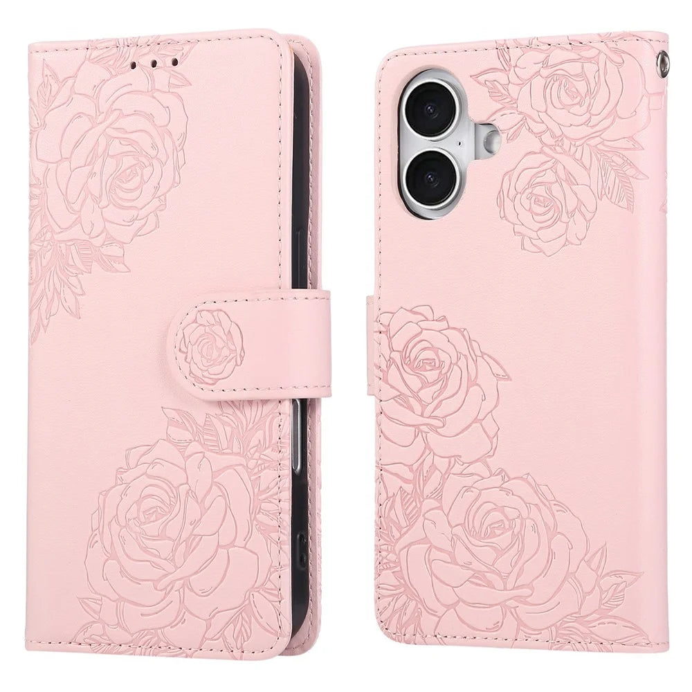 For iPhone 16 Case Rose Flower PU Leather Wallet Phone Cover with 3 Card Slots - Rose Gold - 1