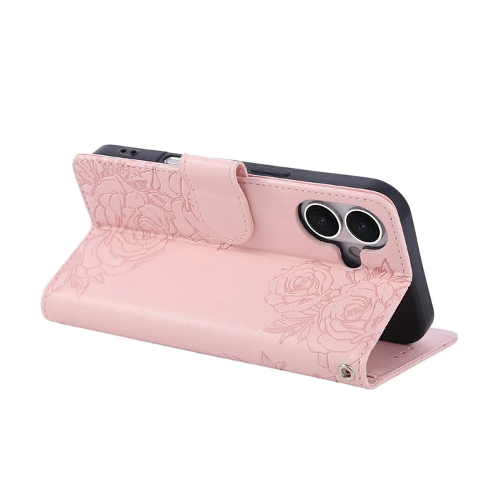 For iPhone 16 Case Rose Flower PU Leather Wallet Phone Cover with 3 Card Slots - Rose Gold - 3