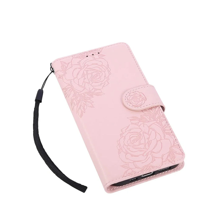 For iPhone 16 Case Rose Flower PU Leather Wallet Phone Cover with 3 Card Slots - Rose Gold - 5