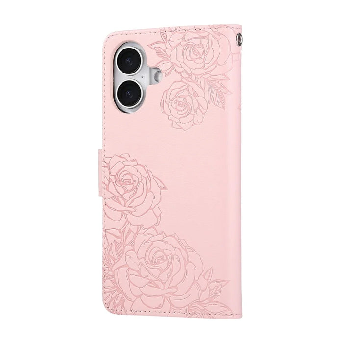 For iPhone 16 Case Rose Flower PU Leather Wallet Phone Cover with 3 Card Slots - Rose Gold - 7