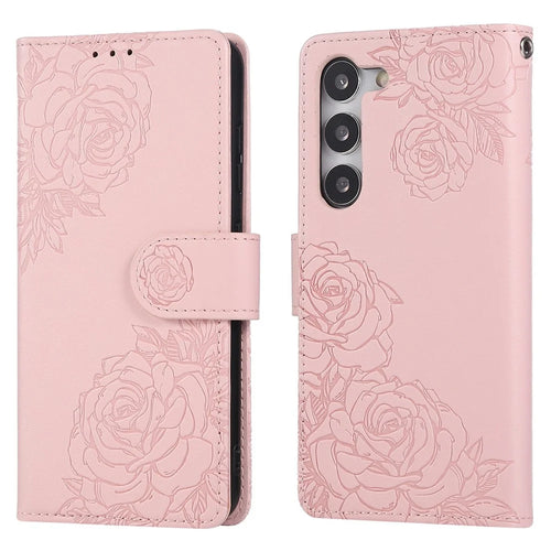 For Samsung Galaxy S23 Case Rose Flower PU Leather Wallet Phone Cover with 3 Card Slots - Rose Gold - 1