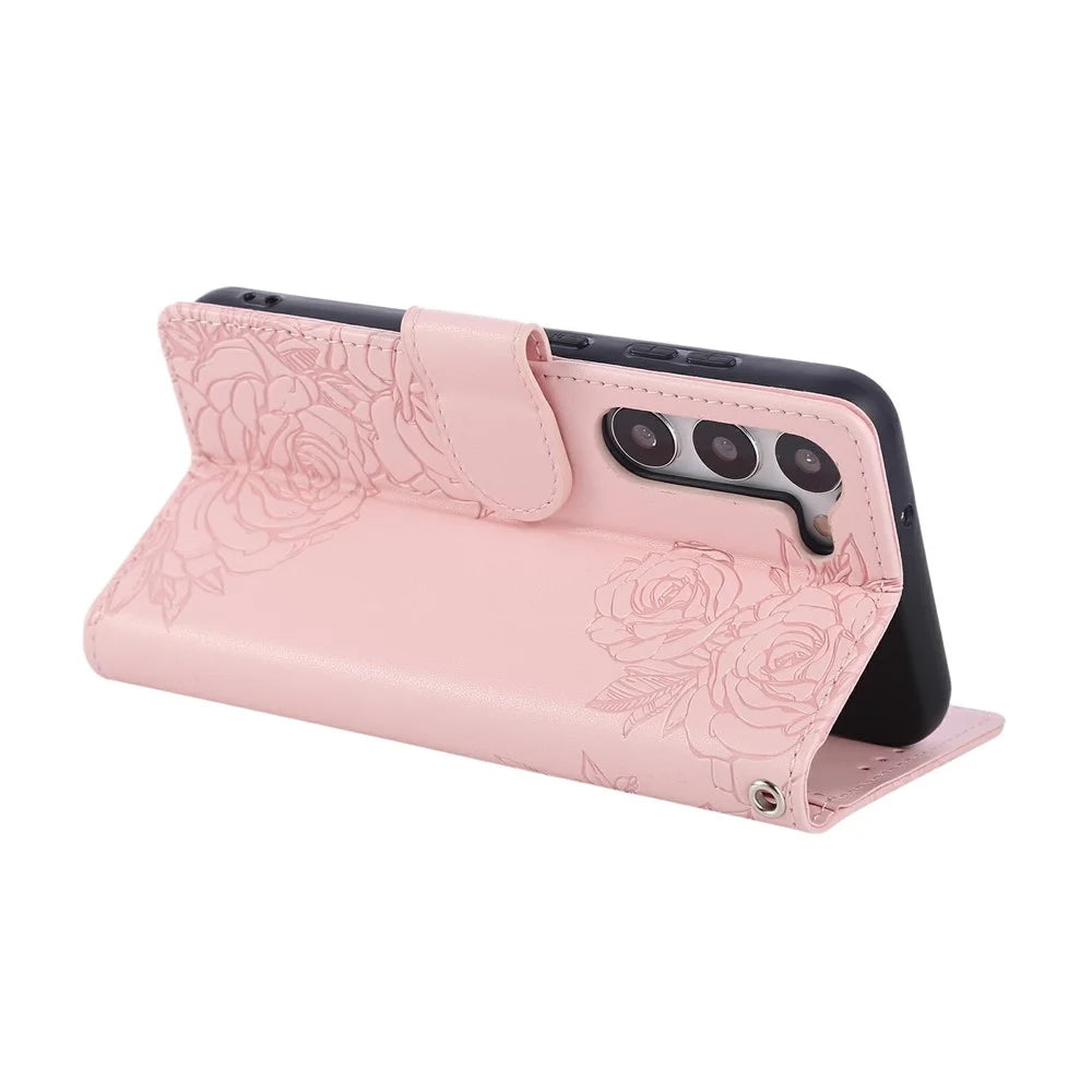 For Samsung Galaxy S23 Case Rose Flower PU Leather Wallet Phone Cover with 3 Card Slots - Rose Gold - 3