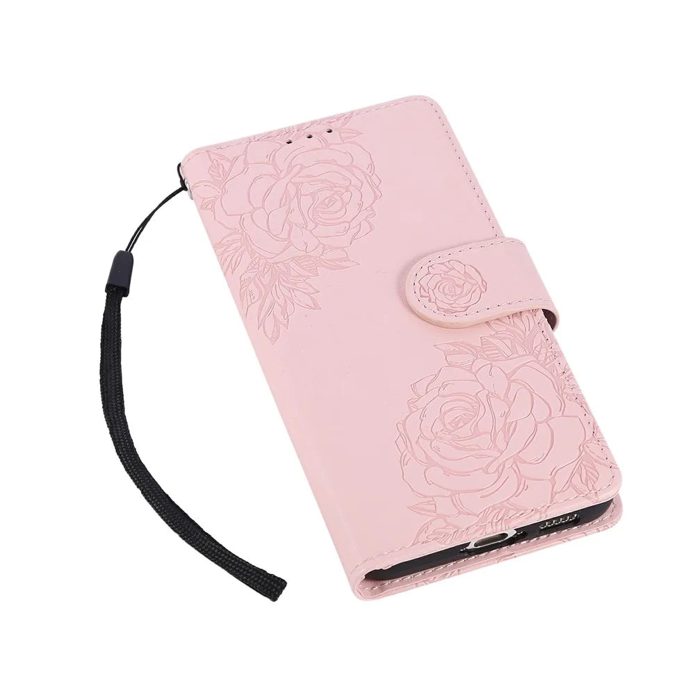 For Samsung Galaxy S23 Case Rose Flower PU Leather Wallet Phone Cover with 3 Card Slots - Rose Gold - 5