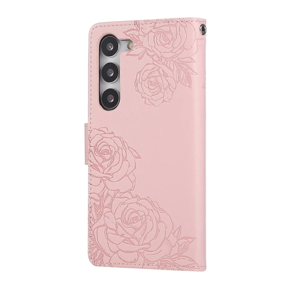 For Samsung Galaxy S23 Case Rose Flower PU Leather Wallet Phone Cover with 3 Card Slots - Rose Gold - 7