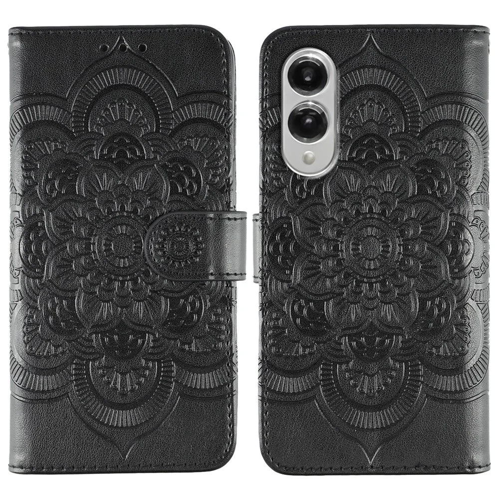 For Samsung Galaxy S25 Edge Case PU Leather Mandala Imprinted Design Wallet Phone Cover - Black - 1