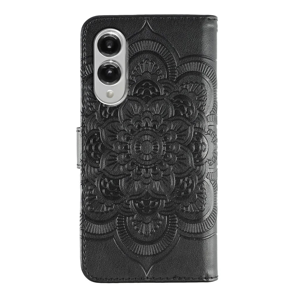 For Samsung Galaxy S25 Edge Case PU Leather Mandala Imprinted Design Wallet Phone Cover - Black - 5