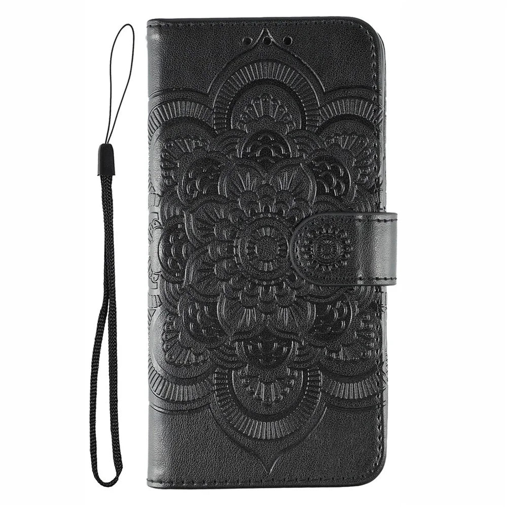 For Samsung Galaxy Xcover7 Case PU Leather Mandala Imprinted Design Wallet Phone Cover - Black - 4