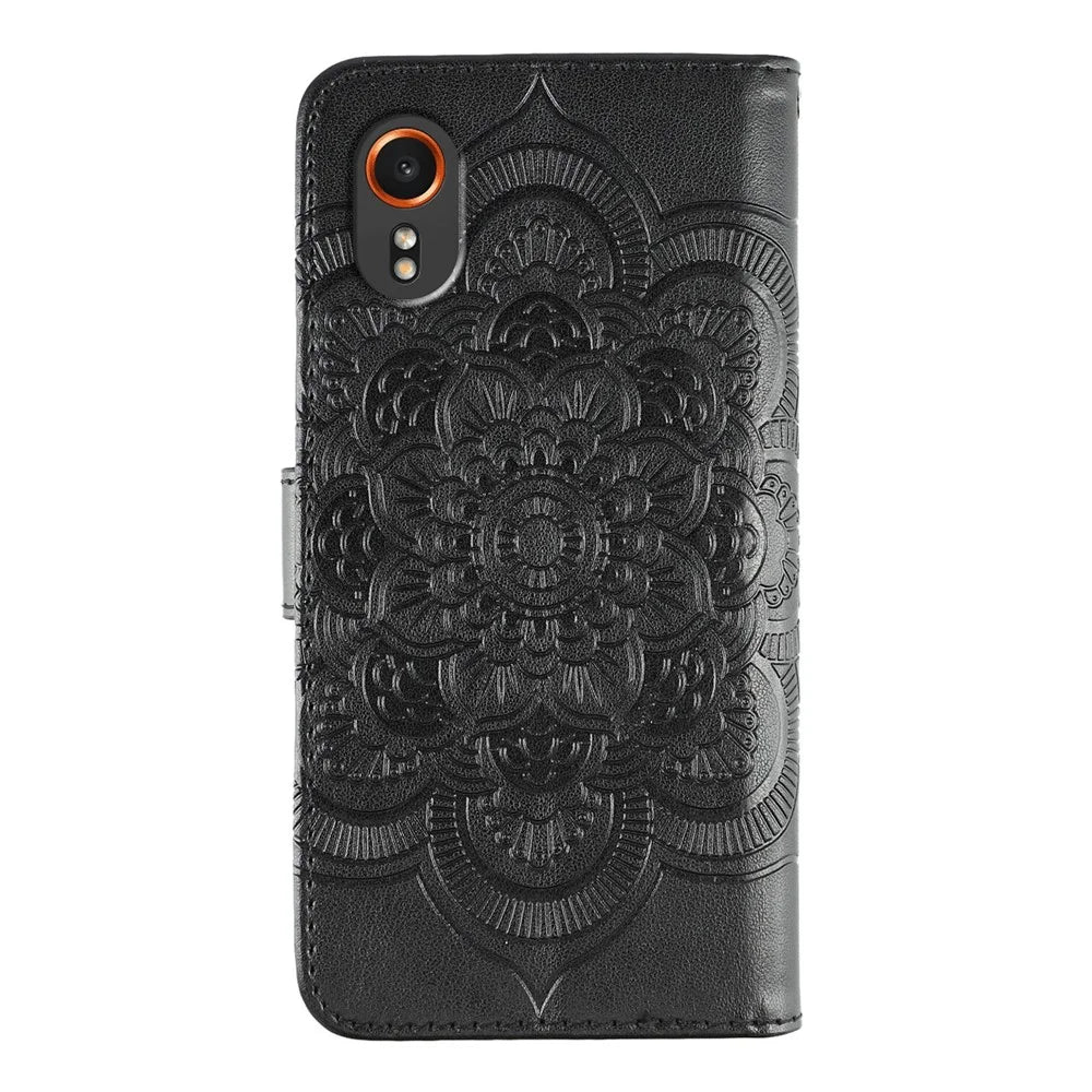 For Samsung Galaxy Xcover7 Case PU Leather Mandala Imprinted Design Wallet Phone Cover - Black - 5