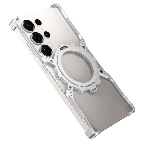 For Samsung Galaxy S25 Ultra Case Luminous Magnetic Kickstand Aluminum Alloy + PC Bumper Phone Cover Heat Dissipation - Silver - 1