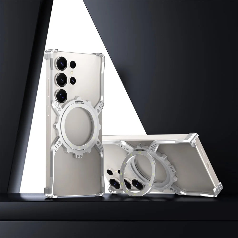 For Samsung Galaxy S25 Ultra Case Luminous Magnetic Kickstand Aluminum Alloy + PC Bumper Phone Cover Heat Dissipation - Silver - 2