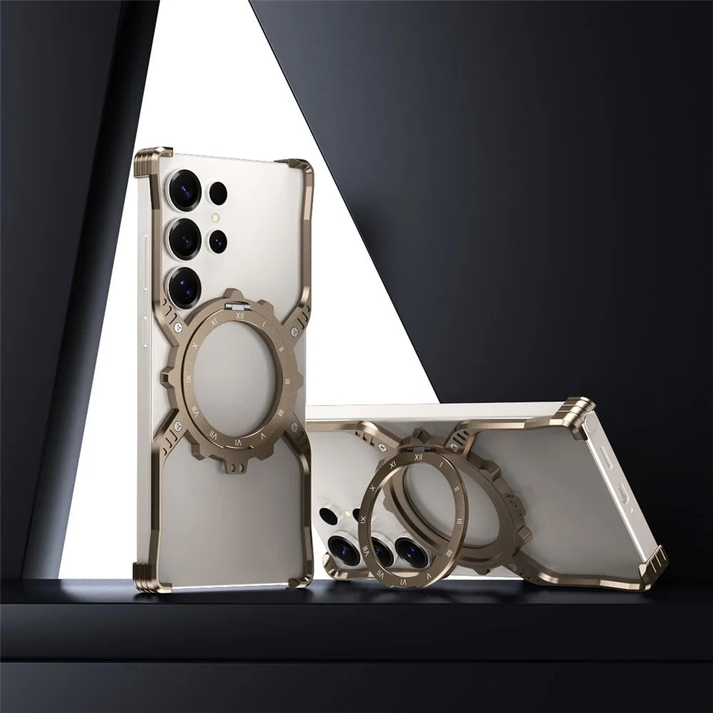 For Samsung Galaxy S24 Ultra Case Luminous Magnetic Kickstand Aluminum Alloy + PC Bumper Phone Cover Heat Dissipation - Gold - 2