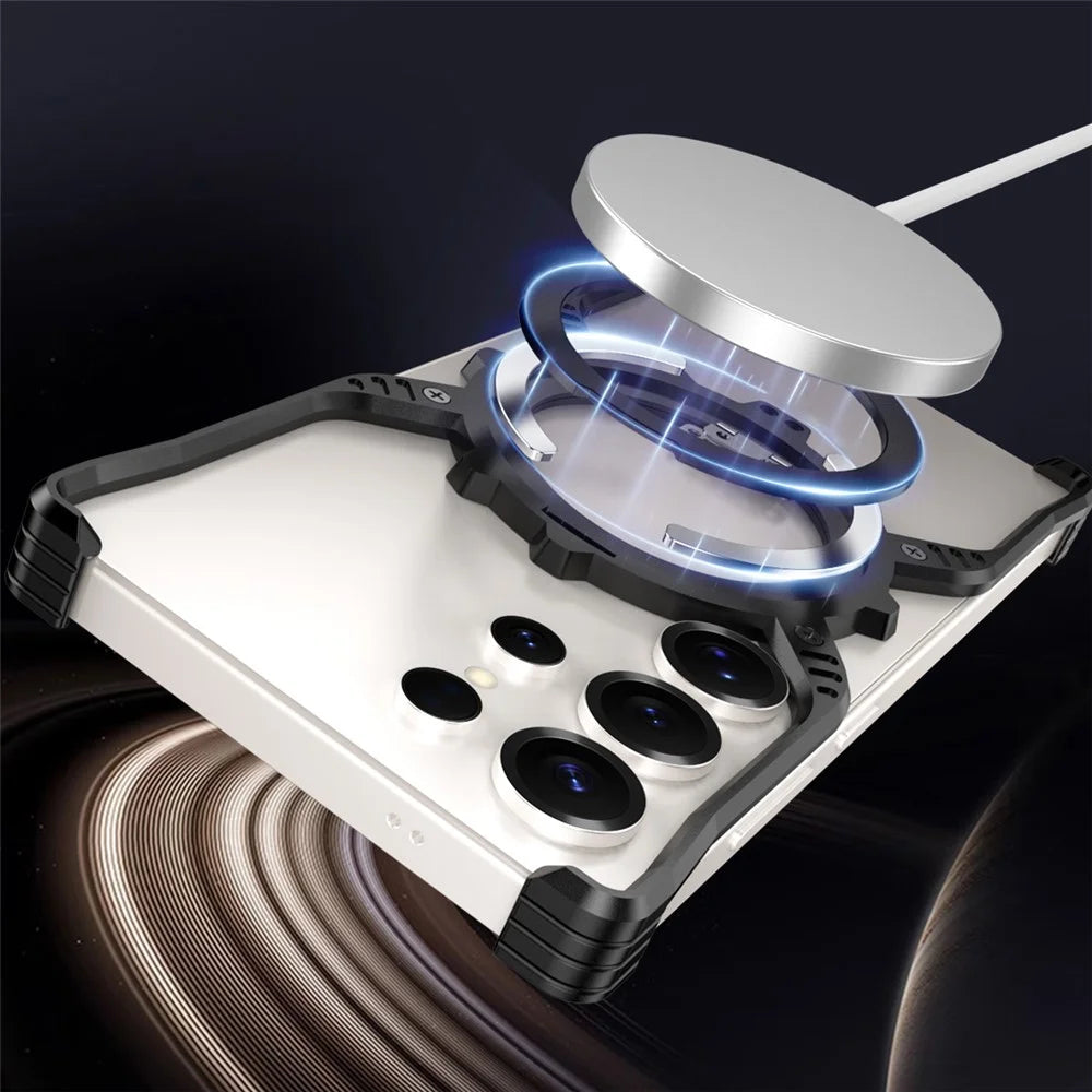 For Samsung Galaxy S24 Ultra Case Luminous Magnetic Kickstand Aluminum Alloy + PC Bumper Phone Cover Heat Dissipation - Gold - 6