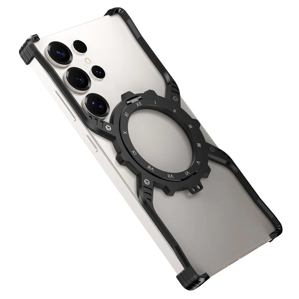 For Samsung Galaxy S23 Ultra Case Luminous Magnetic Kickstand Aluminum Alloy + PC Bumper Phone Cover Heat Dissipation - Black - 1