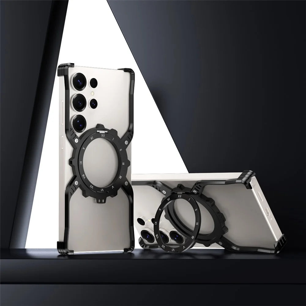 For Samsung Galaxy S23 Ultra Case Luminous Magnetic Kickstand Aluminum Alloy + PC Bumper Phone Cover Heat Dissipation - Black - 2
