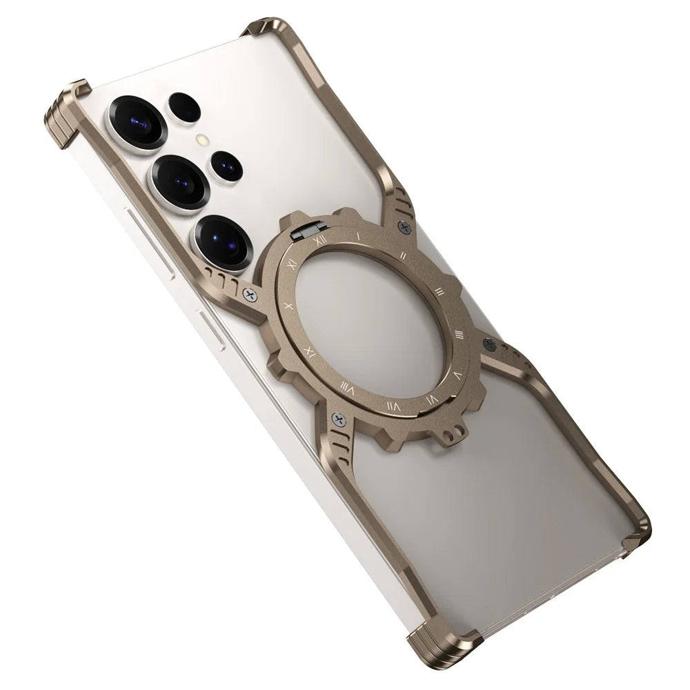 For Samsung Galaxy S22 Ultra 5G Case Luminous Magnetic Kickstand Aluminum Alloy + PC Bumper Phone Cover Heat Dissipation - Gold - 1