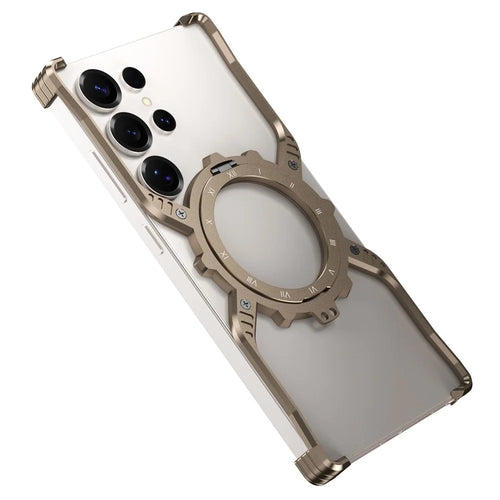 For Samsung Galaxy S22 Ultra 5G Case Luminous Magnetic Kickstand Aluminum Alloy + PC Bumper Phone Cover Heat Dissipation - Gold - 1