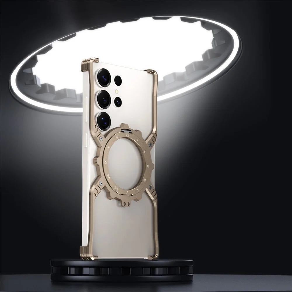 For Samsung Galaxy S22 Ultra 5G Case Luminous Magnetic Kickstand Aluminum Alloy + PC Bumper Phone Cover Heat Dissipation - Gold - 3