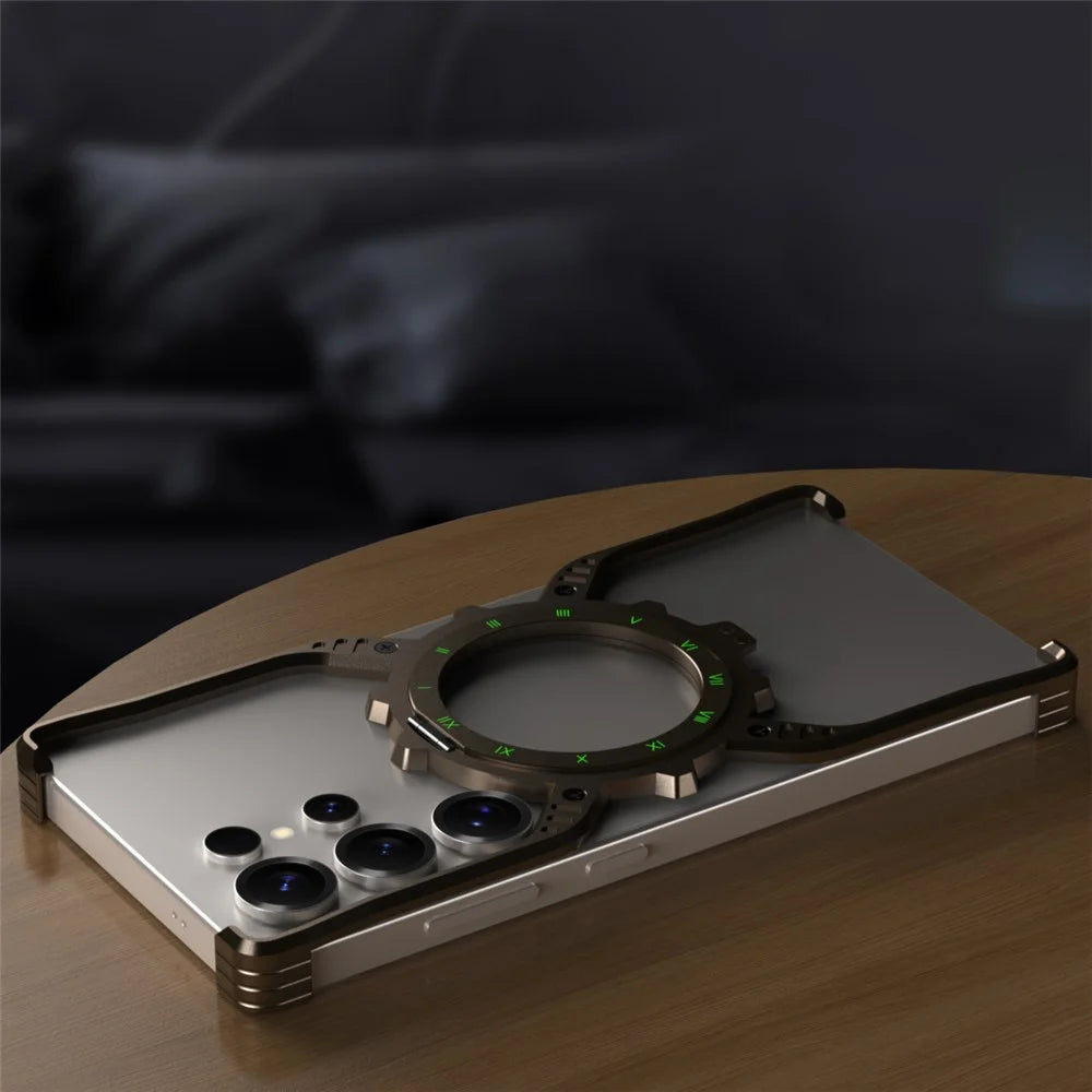 For Samsung Galaxy S22 Ultra 5G Case Luminous Magnetic Kickstand Aluminum Alloy + PC Bumper Phone Cover Heat Dissipation - Gold - 7