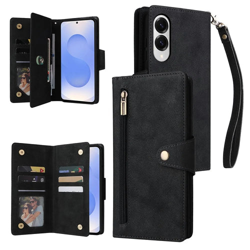 For Samsung Galaxy S25 Edge Case Zipper Wallet Leather Stand Phone Cover Rivet Decor - Black - 1