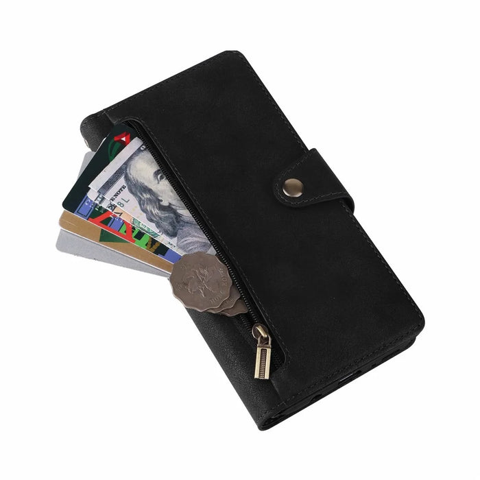 For Samsung Galaxy S25 Edge Case Zipper Wallet Leather Stand Phone Cover Rivet Decor - Black - 6