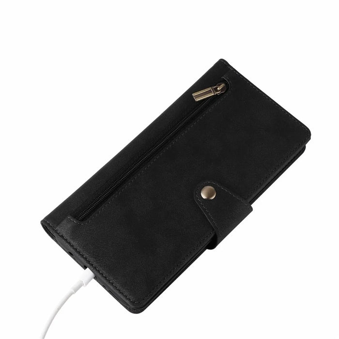For Samsung Galaxy S25 Edge Case Zipper Wallet Leather Stand Phone Cover Rivet Decor - Black - 7