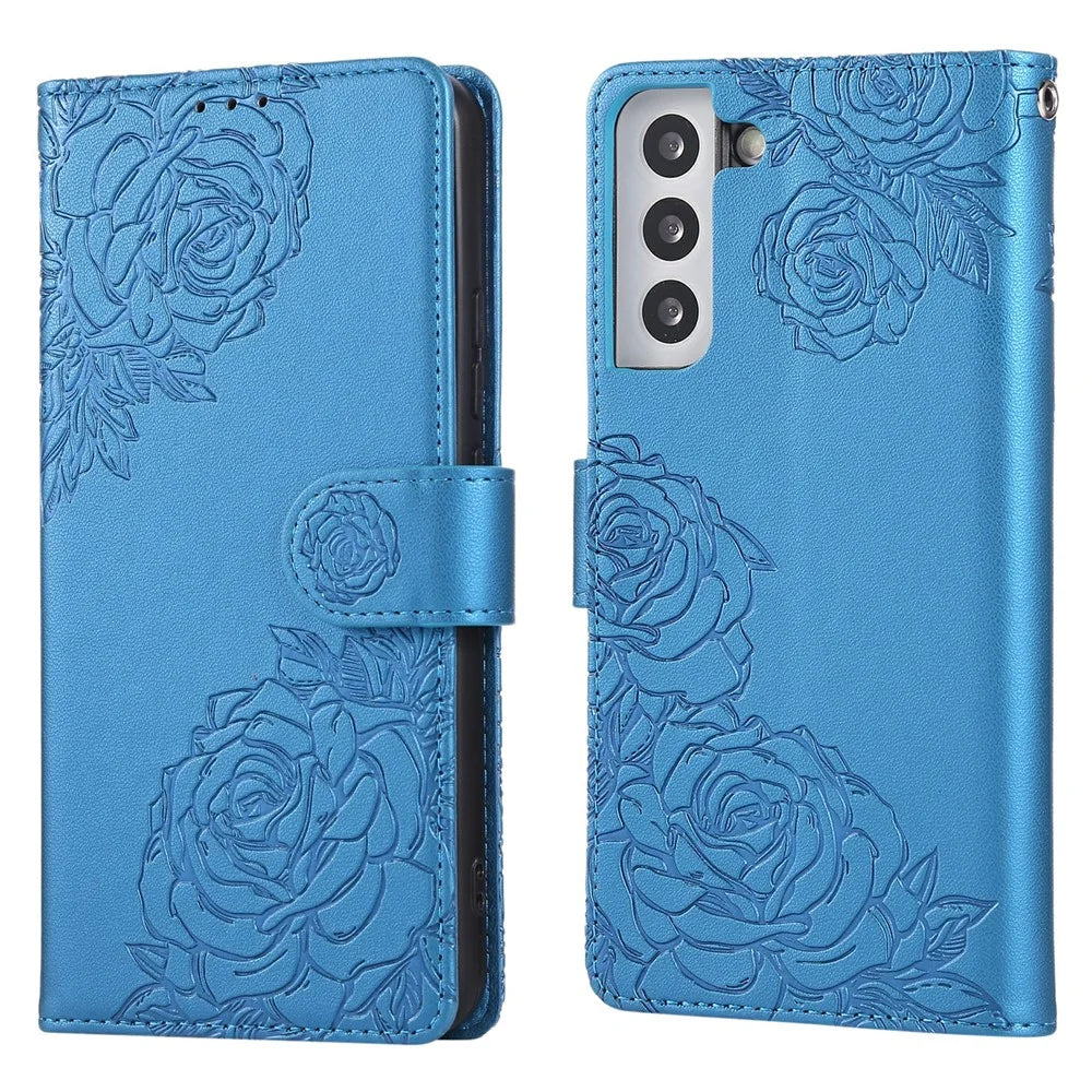 For Samsung Galaxy S22+ 5G Case Rose Flower PU Leather Wallet Phone Cover with 3 Card Slots - Blue - 1