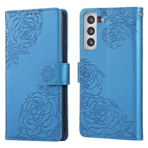 For Samsung Galaxy S22+ 5G Case Rose Flower PU Leather Wallet Phone Cover with 3 Card Slots - Blue - 1