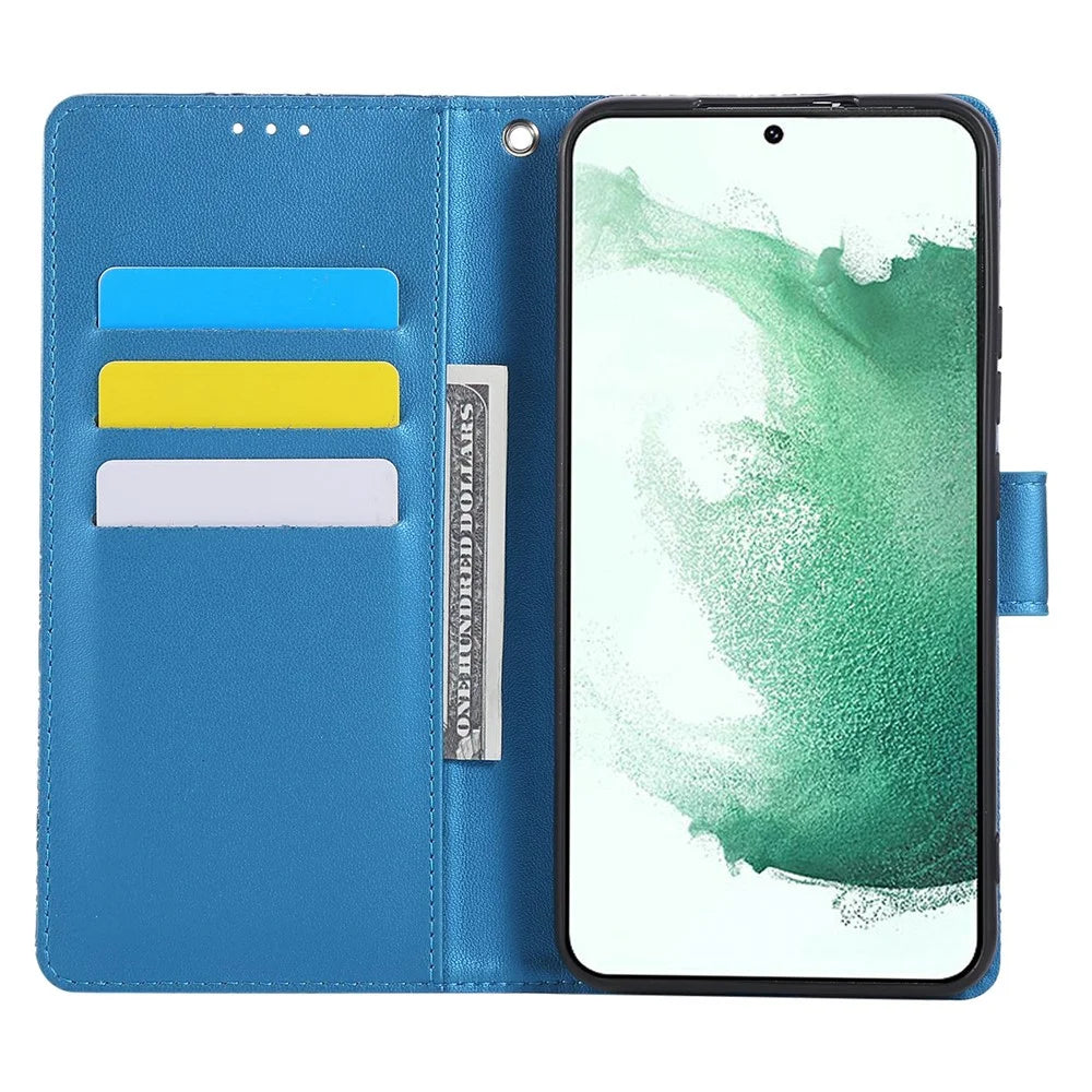 For Samsung Galaxy S22+ 5G Case Rose Flower PU Leather Wallet Phone Cover with 3 Card Slots - Blue - 2