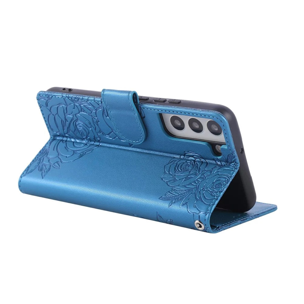 For Samsung Galaxy S22+ 5G Case Rose Flower PU Leather Wallet Phone Cover with 3 Card Slots - Blue - 3