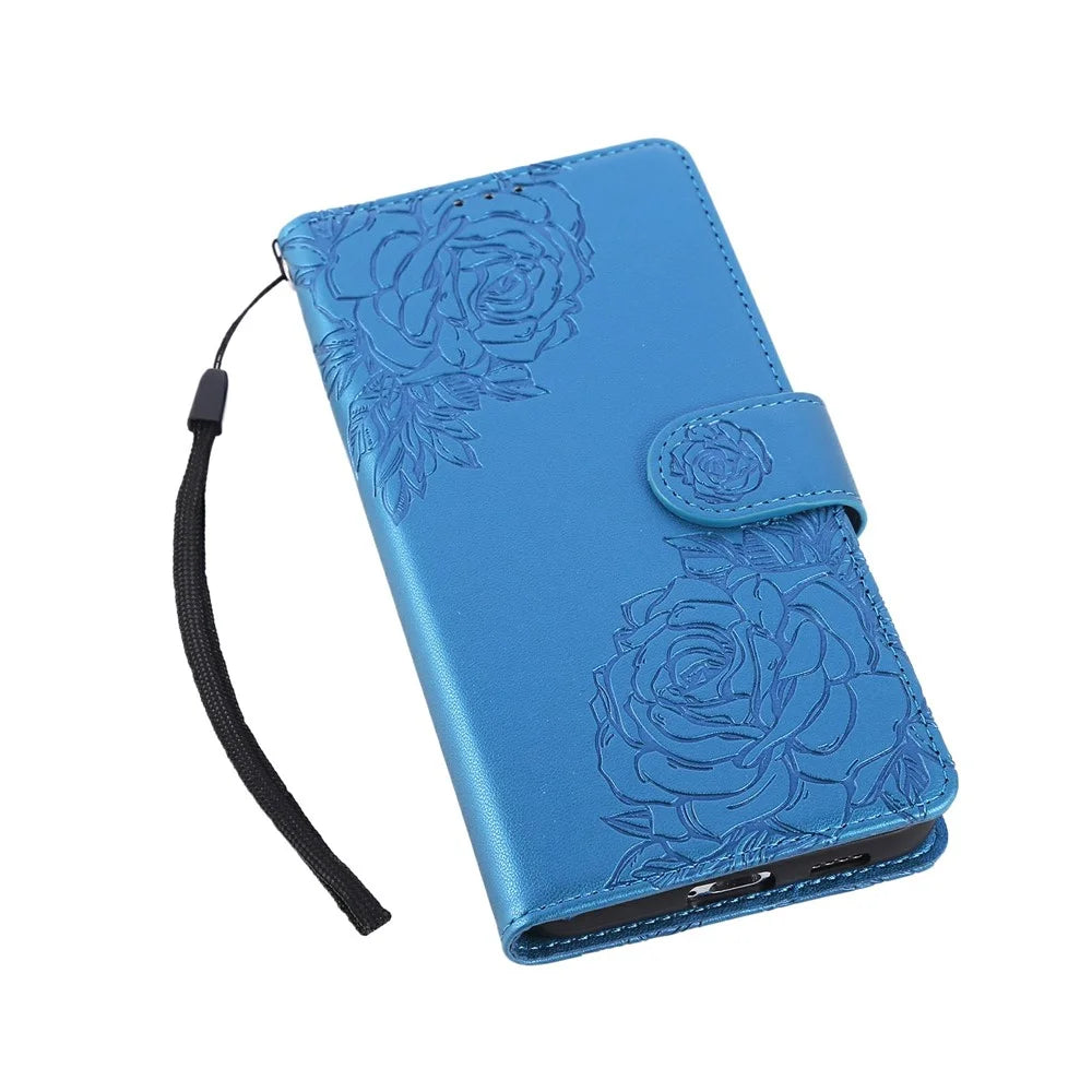 For Samsung Galaxy S22+ 5G Case Rose Flower PU Leather Wallet Phone Cover with 3 Card Slots - Blue - 5