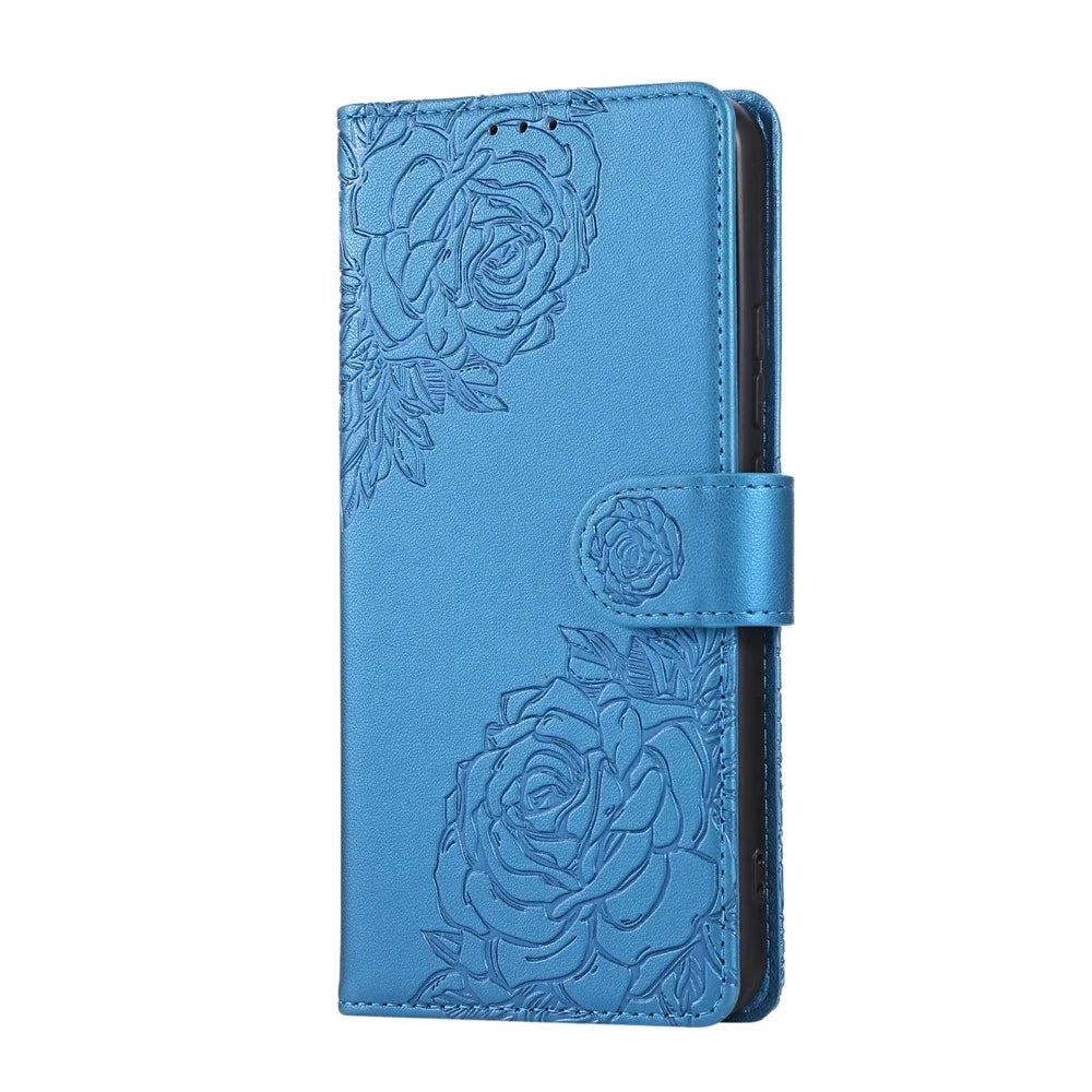 For Samsung Galaxy S22+ 5G Case Rose Flower PU Leather Wallet Phone Cover with 3 Card Slots - Blue - 6