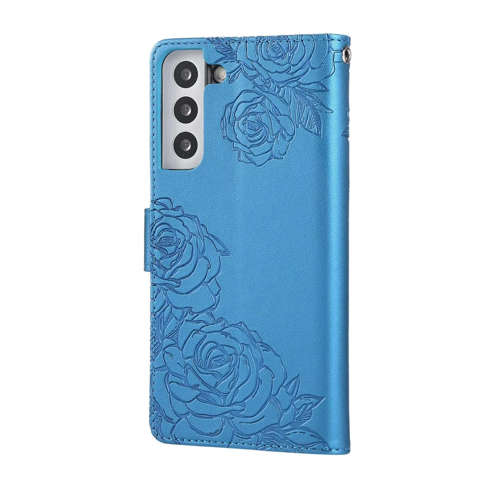 For Samsung Galaxy S22+ 5G Case Rose Flower PU Leather Wallet Phone Cover with 3 Card Slots - Blue - 7