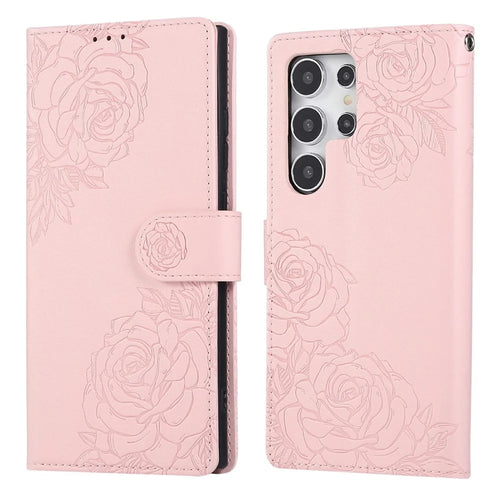 For Samsung Galaxy S24 Ultra Case Rose Flower PU Leather Wallet Phone Cover with 3 Card Slots - Rose Gold - 1