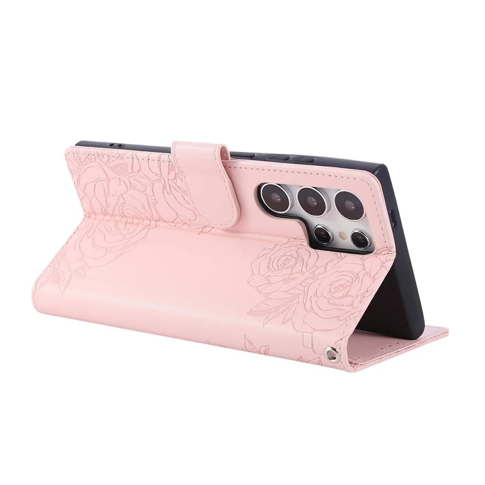 For Samsung Galaxy S24 Ultra Case Rose Flower PU Leather Wallet Phone Cover with 3 Card Slots - Rose Gold - 3