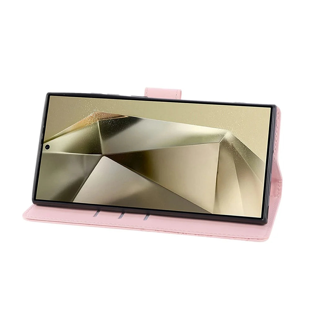 For Samsung Galaxy S24 Ultra Case Rose Flower PU Leather Wallet Phone Cover with 3 Card Slots - Rose Gold - 4