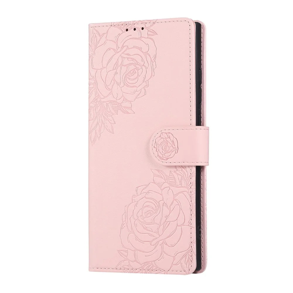 For Samsung Galaxy S24 Ultra Case Rose Flower PU Leather Wallet Phone Cover with 3 Card Slots - Rose Gold - 6