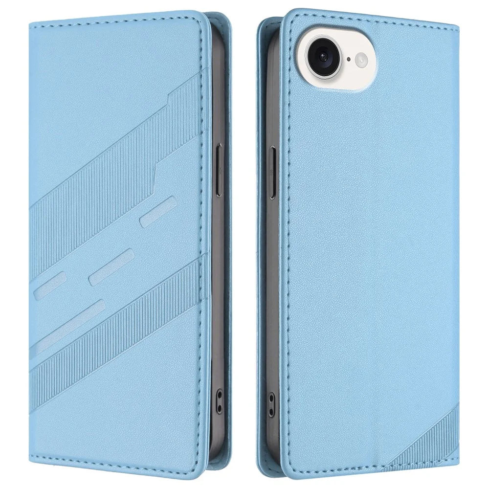 For iPhone 17e / 16e Case Punk Style  Imprinted Wallet Stand Folio Flip Leather Cover - Baby Blue - 1