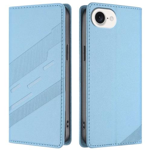 For iPhone 17e / 16e Case Punk Style  Imprinted Wallet Stand Folio Flip Leather Cover - Baby Blue - 1