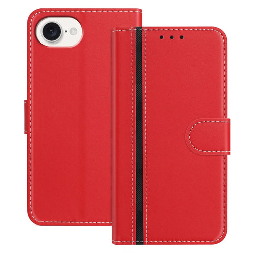 For iPhone 17e / 16e Phone Cases Wallet Stand Color Splicing Leather Cover with Magnetic Clasp - Red - 1