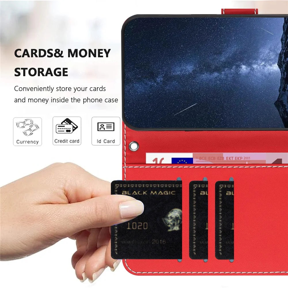 For iPhone 17e / 16e Phone Cases Wallet Stand Color Splicing Leather Cover with Magnetic Clasp - Red - 4