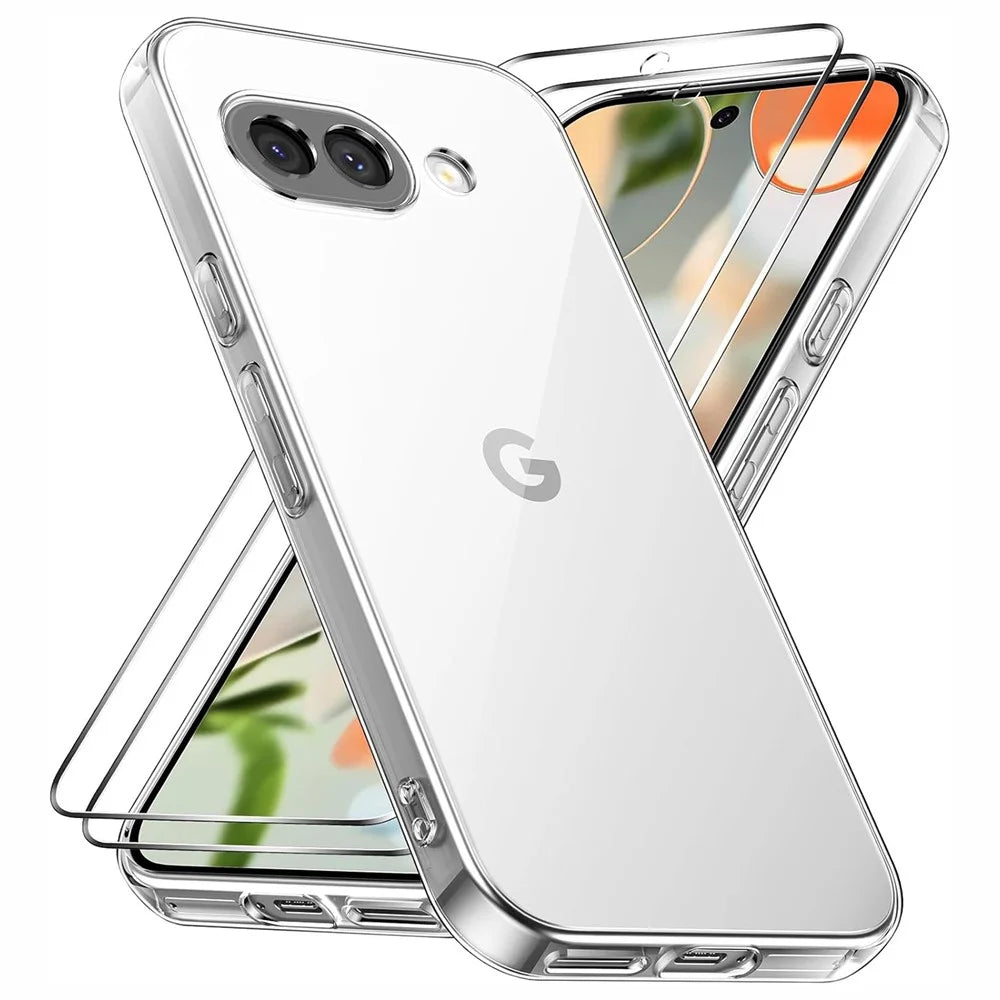 For Google Pixel 9a Case TPU Clear Phone Cover + 2PCS Tempered Glass Screen Film 2.5D Arc Edge - 1