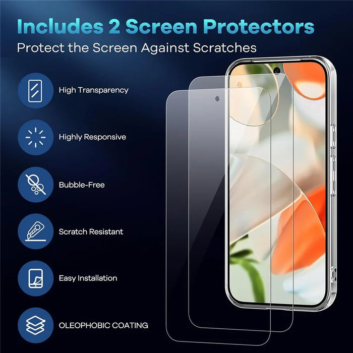 For Google Pixel 9a Case TPU Clear Phone Cover + 2PCS Tempered Glass Screen Film 2.5D Arc Edge - 7