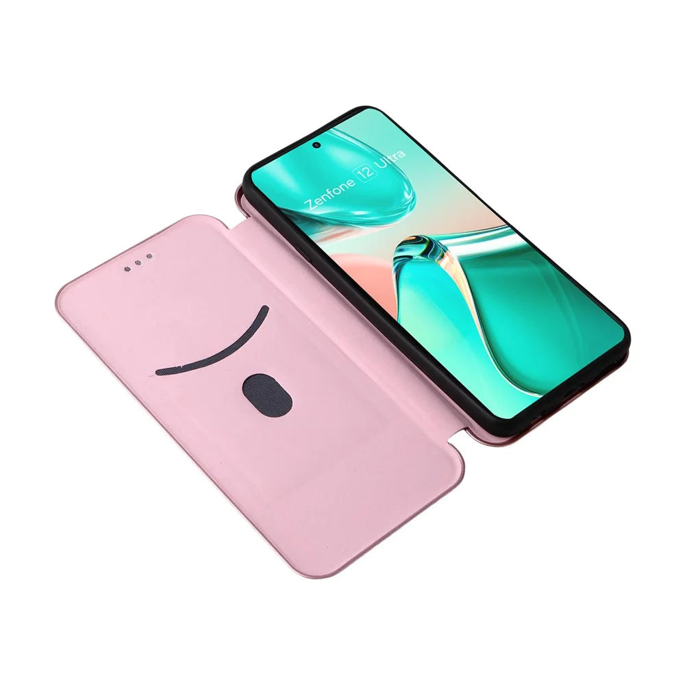 For Asus Zenfone 12 Ultra 5G Case Carbon Fiber Texture Drop-Proof PU Leather Phone Cover - Rose Gold - 2